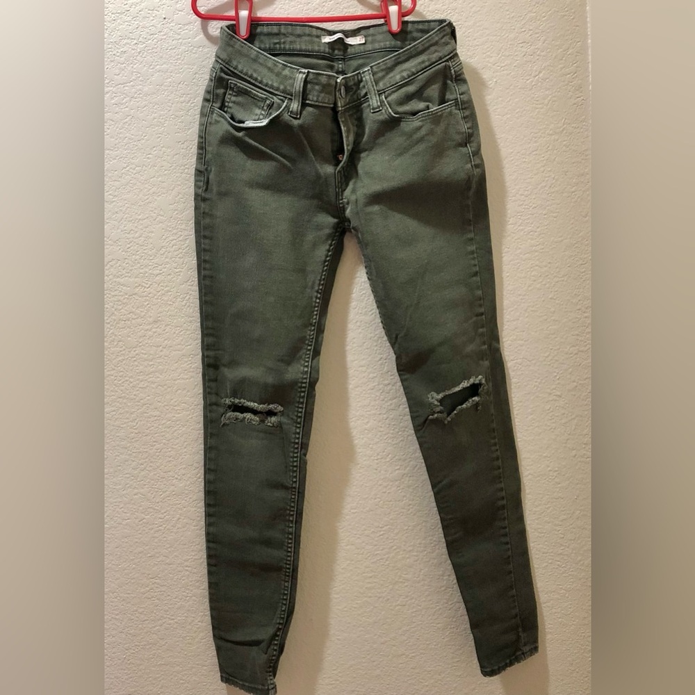LEVI 535 DENIM OLIVE GREEN SUPER SKINNY DISTRESSED LOW RISE JEANS SZ 27